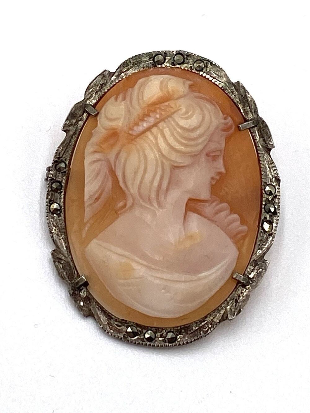 Cameo Carved Shell 800 Silver Marcasites Lady Brooch Pendant